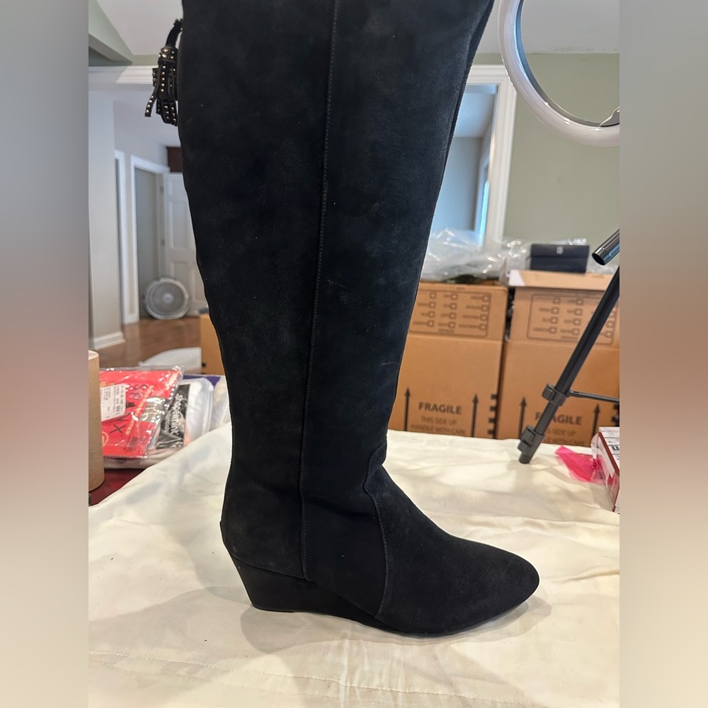 BRAND NEW Anne Klein Black Suede Knee-high boots, 11 M wide calf, wedges